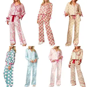 Women’s Christmas pajamas featuring a bow tie, long-sleeve shirt and pants, satin silk fabric, funny graphic print, two-piece PJ set sleepwear (gift), beach button