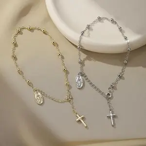 European and American Style Vintage Simple Cross Virgin Mary Pendant Bracelet Metal Round Beads Adjustable Bracelet