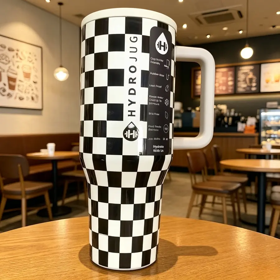 HydroJug Traveler 40 oz Vacuum-InsulatedTumbler, Black and White CheckerboardPattern, Portable Kitchenware Drinkware forCamping, Gym, Ideal Birthday Gift Thermos Water Bottle Stylish