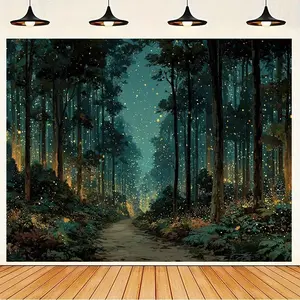 1 piece of magic forest tapestry - glowing fireflies and charming forest paths, dark green and golden night forest decoration, suitable for living room, bedroom, party backdrop. Perfect birthday anniversary gift, high-quality printing