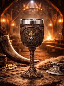 The Armored Kingdom Odin’s Eternal Feast Goblet - Odin Engraved Design, Premium Stainless Steel, High-Detail Resin, Viking Goblet for Norse Mythology Enthusiasts  Drinkware