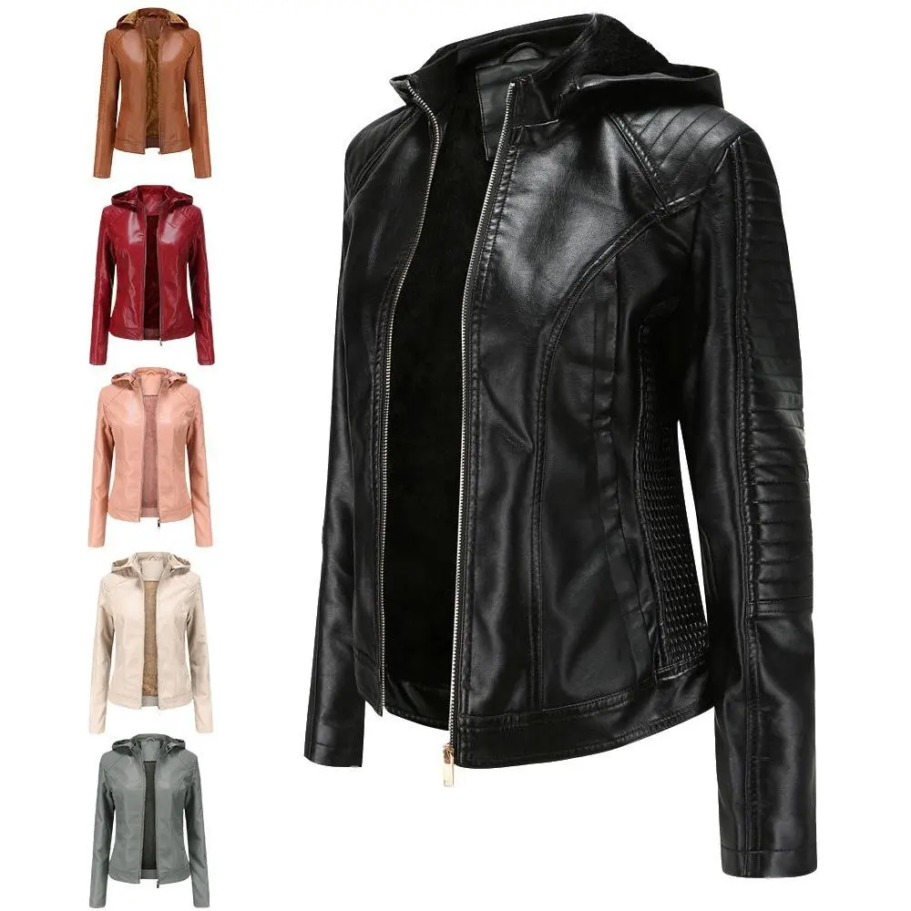 Women's fleece-lined leather jacket, Korean style fashionable zippered hooded jacket, vintage street style, thickened and warm long-sleeved slim-fit casual jacket, winter warm zippered hooded jacket