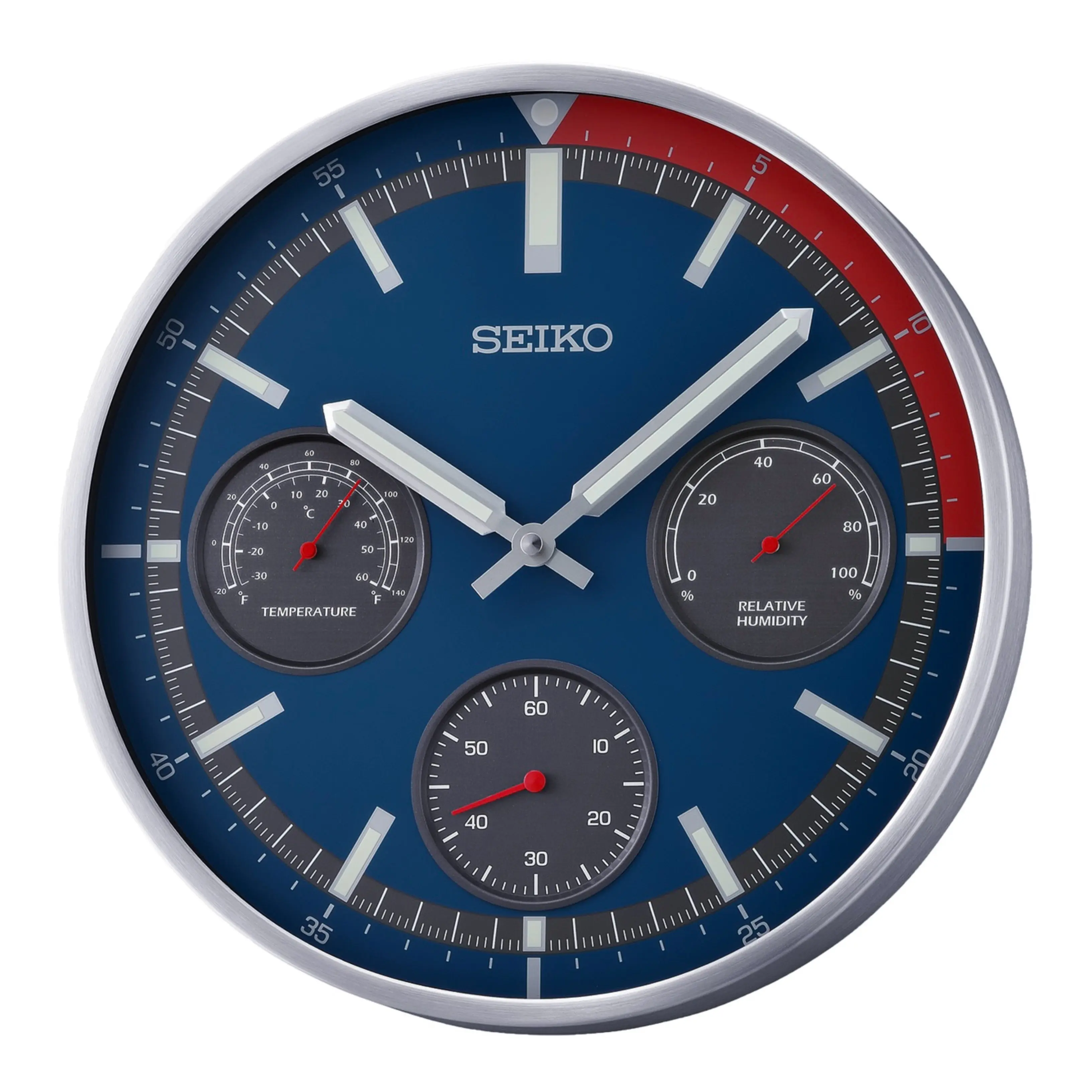 Seiko QXA822SLH "Shelby Watch Dial" Red & Blue Heritage Design Luminous Metal Wall Clock with Thermometer, Hygrometer, & Seconds Dial