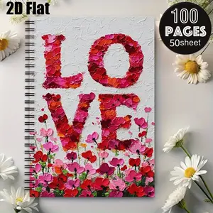1 Love Themed Spiral Notebook, 5.7x8.26 inch, Romantic Flower Pattern, Perfect for Valentine's Day Journaling, Anniversary Memories, Daily Notes, Gift for Her, Stationery for Love Letters, Wedding Planning, Sweet Moments Recording [2D] Flat