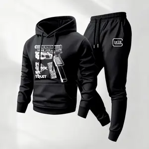 Men's Bold Gun Print Hoodie and Drawstring Sweatpants Set, Menswear, Casual Athletic Long Sleeve Hooded Jacket & Trousers for Fall & Winter, Men's Clothing for Daily Wear, Sportswear Indoor Outdoor, Tracksuit, Athleisure Summer Clothes