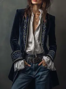Vintage Elegant Open Front Lapel Long Sleeve Women's Blazer Jacket, Heavy Craft Embroidery Design, Stylish Outerwear for Ladies