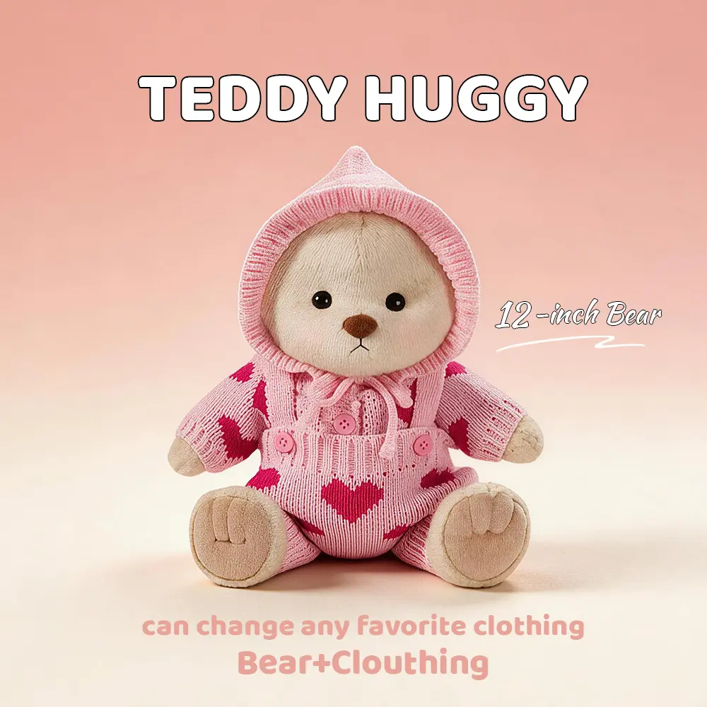 TEDDY HUGGY Cute Teddy Bear Series - Pink Heart Knit Paired with a Cute Teddy Bear - 12 Inches Tall - Soft Plush Toy with Movable Joints - The Perfect Gift for Any Age.