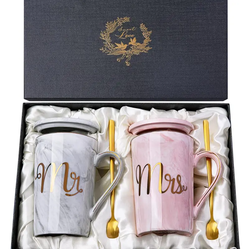 Doublewhale Wedding Gifts for Couples 2026 Couple Gift for Anniversary 14oz Ceramic Marble Mr and Mrs Mugs Set Present for Bridal Shower Engagement Bride and Groom, with Greeting Card, Luxury Gift Box lavender spa gift basket set