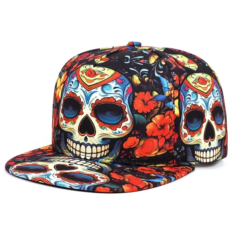 Day of the Dead Snapback Hat - Floral Skull Printed Flat Bill Snapback Hat, Hip Hop Festival Trucker Hat