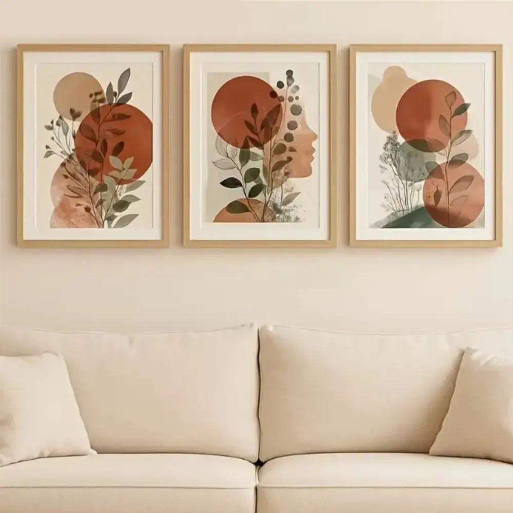 3 Pieces Boho Terracotta Geometric Leaf Abstract Floral Art, Abstract Art Prints, Minimalist Botanical Wall Mural, Home Art, Eclectic Gallery Decor, Warm Tone Poster Print, Wall Decor for Living Room and Balcony, Framed/Unframed Options
