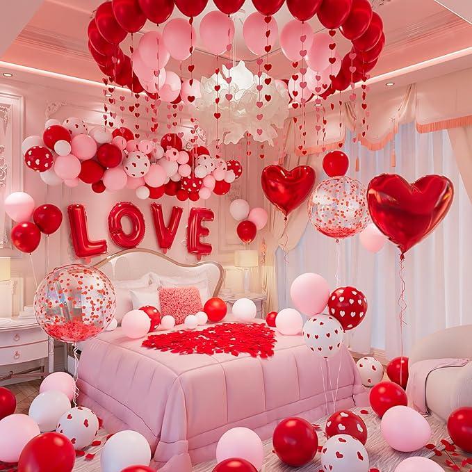 New Deal - Valentines Day Bedroom Decorations Balloon Arch Kit, Romantic Love Balloons Set with 32” LOVE Foil Letters, Heart Balloons, Rose Petals for Proposal, Anniversary & Couples Surprise
