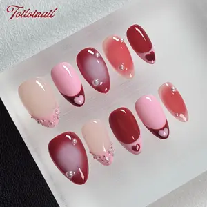 Berry Heart Handmade Press-On Nails | Medium Almond Shape, 10pcs | Red Pink Gradient Base with Heart French Tips & Pearl Decor | Pure Desire Sweet Aesthetic | Daily & Date Wear, Reusable False Nails