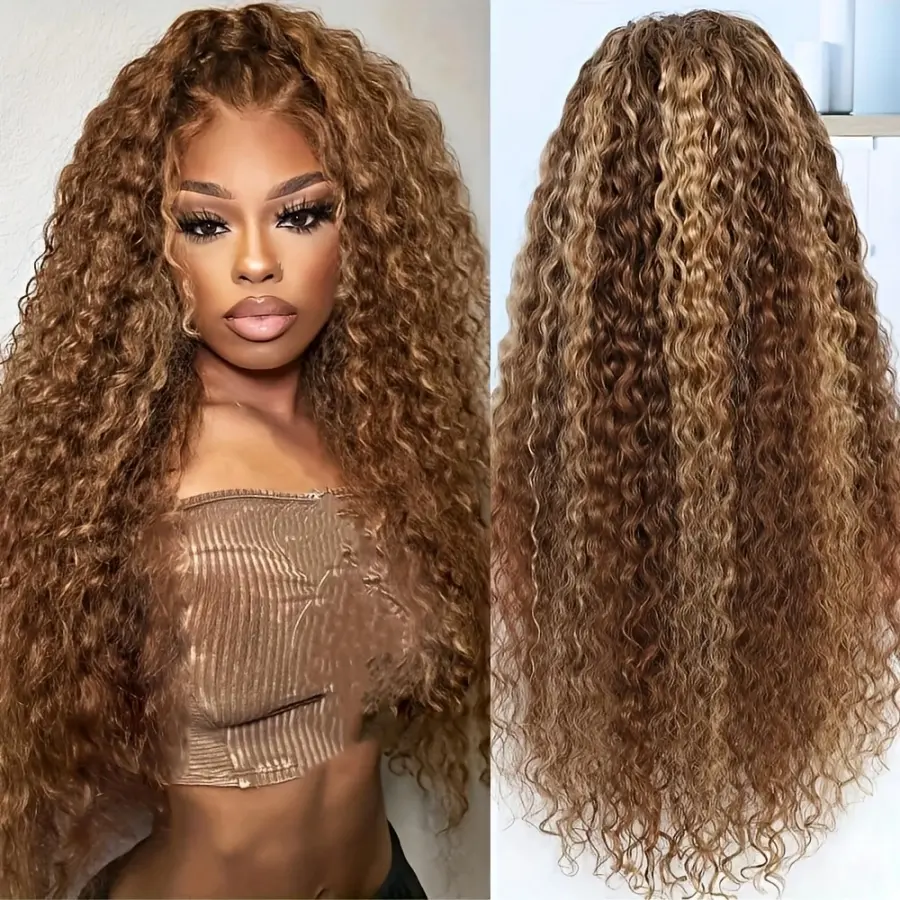Highlight Ombre Lace Front Wigs Human Hair 13x6 Deep Wave Lace Front Wigs Human Hair Pre Plucked Glueless Curly Human Hair Wig Water Wave Highlight Wig Human Hair 180% Density Wet and Wavy 4/27 Honey Blonde Colored Human Hair Wigs for Women