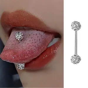 14G 316L Stainless Steel CZ Paved Shamballa Ball Tongue Ring Set, Straight Barbell Piercing Jewelry, Hypoallergenic Tongue Rings for Women Men