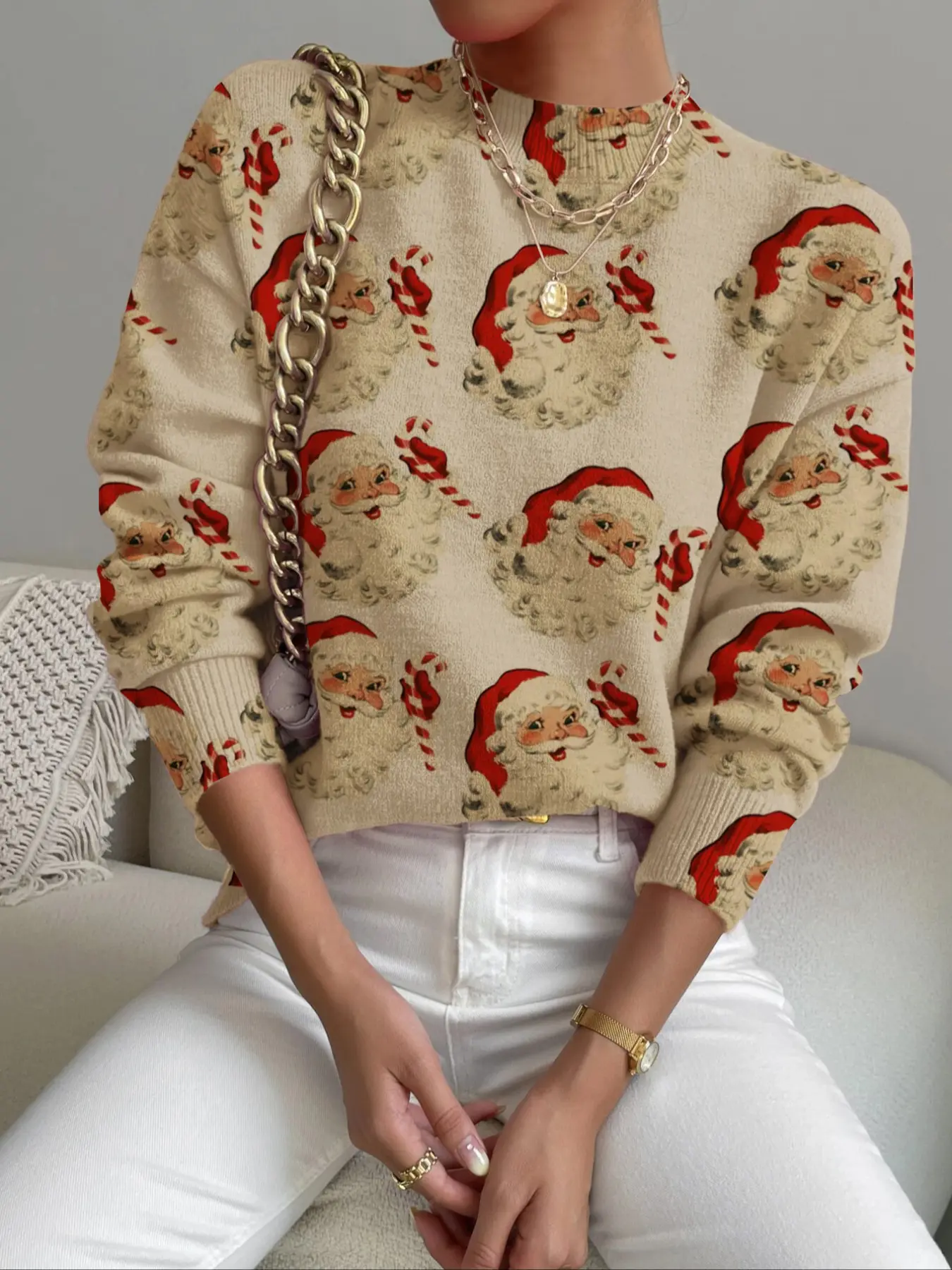 Women's Christmas Print Stand Collar Short Fitted Sweater, Fall Winter Casual Long Sleeve Fashion Knitwear, Comfortable Holiday Clothing for Festive Celebrations Christmas Pattern, Womenswear