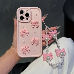iPhone Case Set, Protective Phone Cover with Pearl Bracelet and Bow, Compatible with iPhone 11-16, Stylish Girl's Mobile Accessory