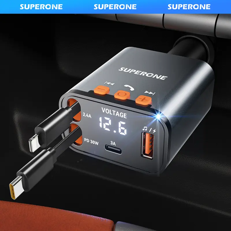 SUPERONE Bluetooth 5.3 Car Adapter - Retractable FM Transmitter Radio Receiver with CVC Technology, Handsfree Calling, USB Port, Stereo Audio, 12-24V Charging, Compact Design, Vehicle Accessories, Accessories for Car, Charging Cable summerwins