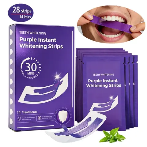 Purple Color Correcting Teeth Whitening Strips for Adults - 28pcs/14 Pairs, Peroxide-Free, Enamel-Safe, Non-Sensitive, Stain Removal, Brightening, 30-Min Day Sessions, Oral Care, Portable Oral Care, At Home Dental, Radiant Pearly Whites Support
