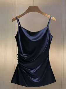 Plus Size Navy Smooth Satin Cami Top with Pearls, Elegant Style, Ruched Waist, for Curvy Women Work and Date