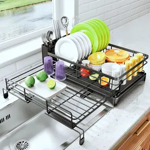 Dish Drying Rack - Extendable Dish Rack, Large Sink Drying Dish Drainer for Kitchen Counter, Stainless Steel Dish Strainer with Utensil Holder