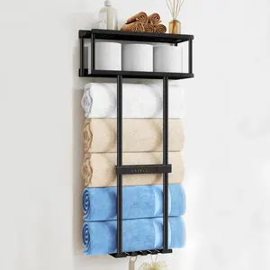 Bathroom Towel Storage Rack, Metal Towel Racks Wall Mounted Can Holds 5 Large Towels, 30.5IN Bathroom Towel Holder with Shelf & Storage Basket, Bathroom Towel Organizer with 3 Hooks, Black