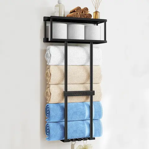 Contemporary Rectangle Brushed Metal Space-Saving Wall-Mounted Bathroom Organizer Supplies, 30.5in Shelf, 3 Bars, 3 Hooks, Storage Basket, Holds 5 Large Towels, Includes Installation Hardware, Home Improvement Bathroom Fixture