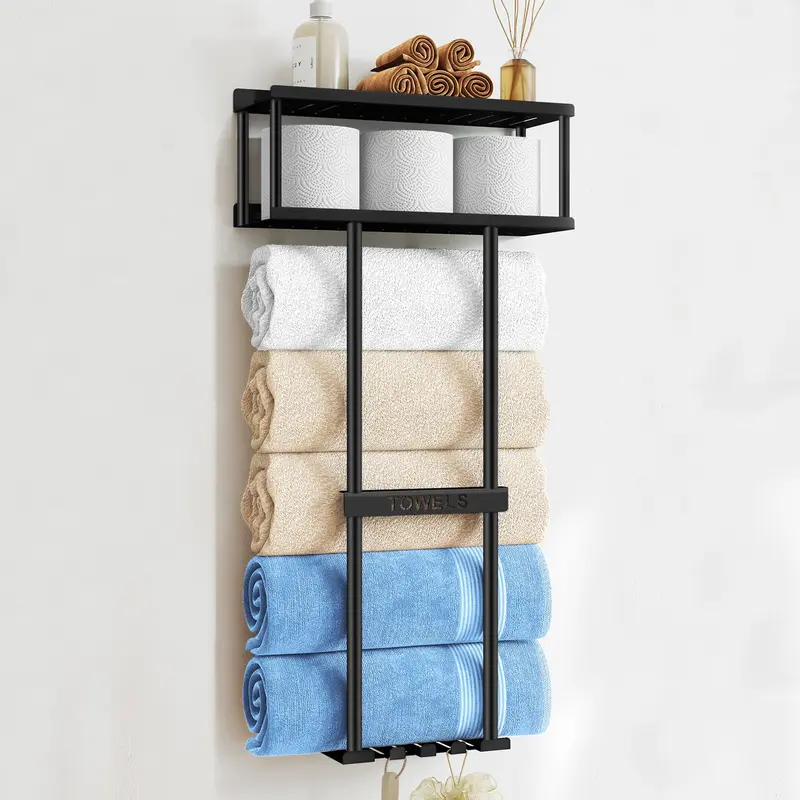 Contemporary Rectangle Brushed Metal Space-Saving Wall-Mounted Bathroom Organizer Supplies, 30.5in Shelf, 3 Bars, 3 Hooks, Storage Basket, Holds 5 Large Towels, Includes Installation Hardware, Home Improvement Bathroom Fixture