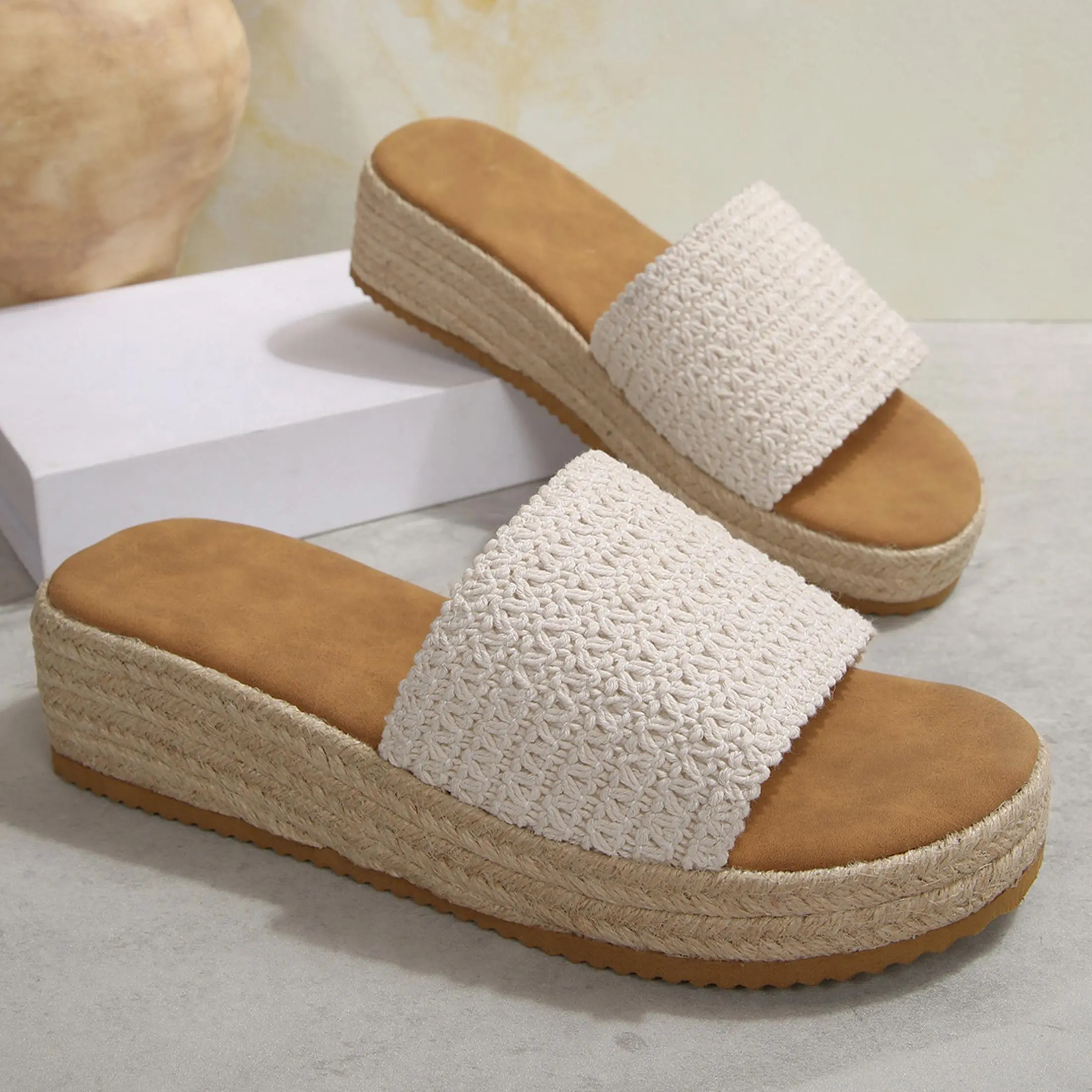 Bohemian Espadrille Wedge Mules for Women Thick Sole Casual Beach Slides