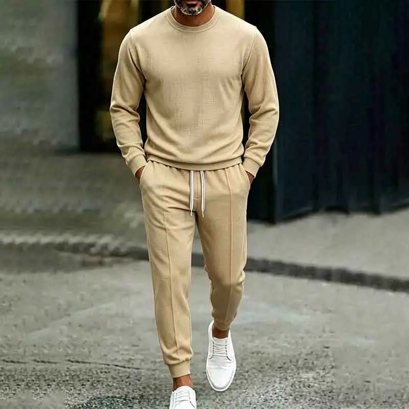 Men's 2-Piece Solid-Color Crewneck Long-Sleeve Sweatshirt & Elastic-Waist Sweatpants Set, Minimalist Casual Style, Drawstring Waist, No Matching Needed, Suitable for Daily Outings, Workouts, Home Use, Lightweight Luxury Feel, Khaki