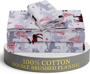 Cotton Flannel  Sheet Set, 4 count Brushed Cotton Flannelette Flat Sheet, Winter Fitted Sheet, Heavy Weight Bedding, 16" Deep Pocket, 2 Pillow Cases (Red )