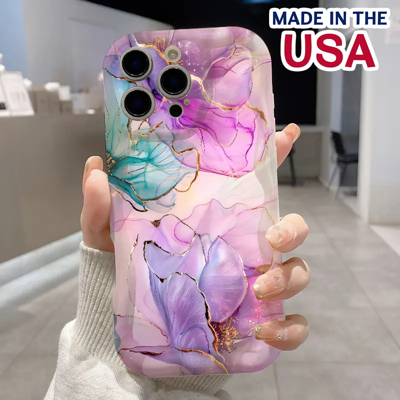 Phone case for iPhone 16 Pro Max 15 Plus 14 13 12 11 XR XS Purple and pink haloed in flowing gold Full Body Protection Shockproof Soft Silicone Cover