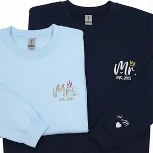 Custom Embroidered Mr and Mrs Sweatshirts for Couple – Matching Gift With Names, Wedding Date for Anniversary, Valentine's Gift
