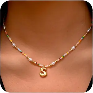 Necklaces for Women Girls Kids - Light Colorful Beaded Pearl Initial Necklace Gold/Silver Bubble Pendant Letter Necklace for Women Teens Girls Kids Birthday Gifts