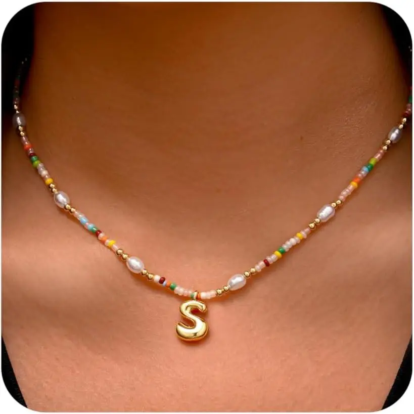 Necklaces for Women Girls Kids - Light Colorful Beaded Pearl Initial Necklace Gold/Silver Bubble Pendant Letter Necklace for Women Teens Girls Kids Birthday Gifts
