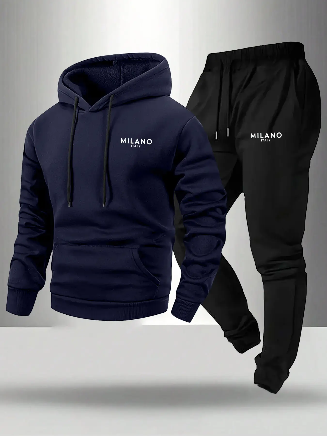 Gym & Street Essential】 Fleece-Lined Warm Red/Black Color Block Hoodie Tracksuit Two-Piece Set. MILANO Italy Print Tapered Joggers Slim Fit. Outdoor Training & Daily Casual Sportswear Set #Tracksuit #Athleisure Viral Pick!