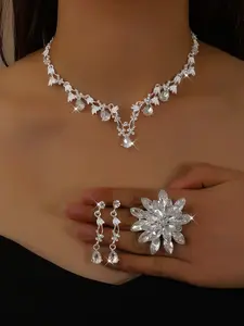 Elegant Tear Drop Earrings & Floral Ring Set, Luxury Wedding Party Jewelry Gift, 4 Piece Fashion Accessory Collection, Teardrop Jewelry Set