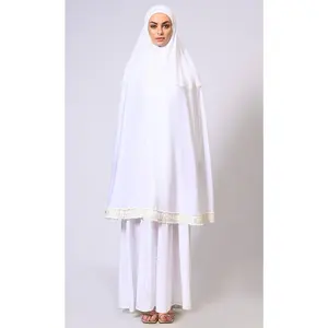 Women's White Khimar Ensemble Enhanced by Satin Frill Lace
