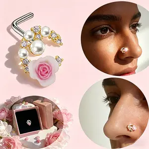 20G 7mm L-Shaped Nose Stud Pink Rose & Pearl C-Shaped Nose Rings for Women Hypoallergenic Titanium Steel Fashionable Jewelry Cool Mothers Day Gift Unique Elegant Design Nose Piercing Kit