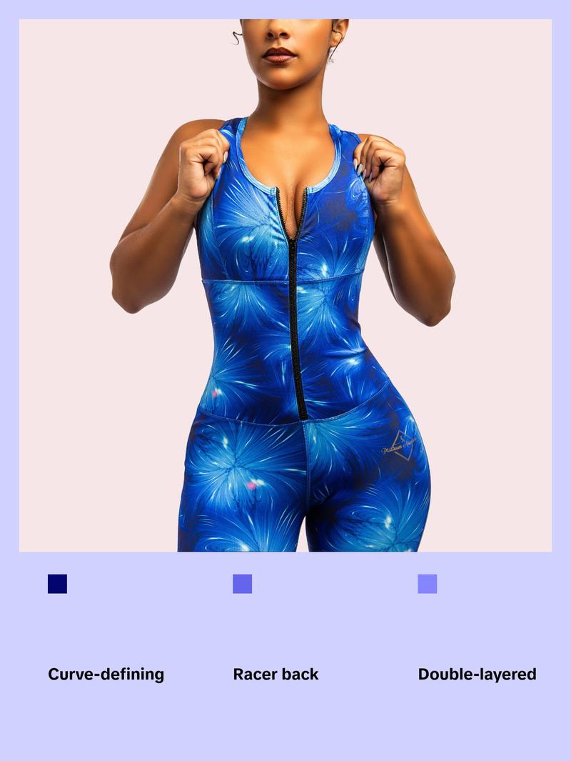 Sapphire Bodysuit Spandex Women's Wear Zipper Compression Long Sleeveless with Moisture-Wicking Technology & YKK Zipper Double-Layered Bust Compression Curve-Defining Silhouette Racer Back Detail 4-Way Stretch Fabric