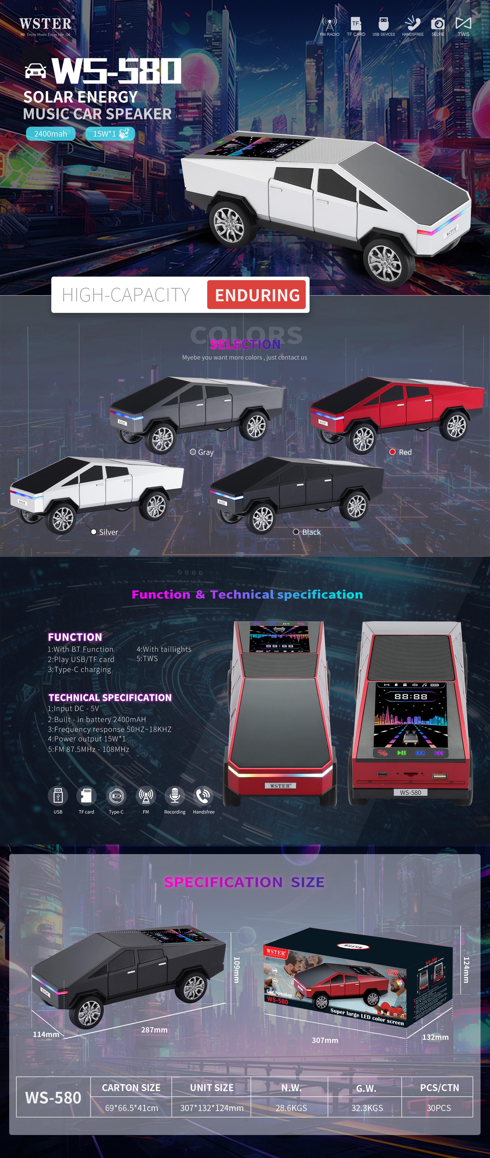 WSTER WS-580 Cybertruck-Style Pickup Truck Model Bluetooth Speaker, Rechargeable Portable LED Audio with USB, TF, AUX, FM, TWS Stereo, Ideal for Indoor/Outdoor Parties, Great Birthday/Father's Day Gift