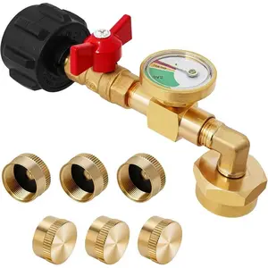Refill Adapter for 1 Lb. Tanks, Solid Brass  Converter 20lb to 1lb with Valve and Gauge,  Refill Kit with 6 Bottle Caps for Grill Camp