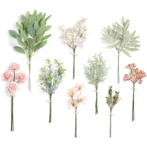 Artificial Greenery Stems Box Set Pack of 47pcs with 9 Kinds of Faux Pink Green Filler for DIY Bridal Bouquets Wedding Floral Arrangement Table Centerpieces