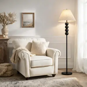 Mid Century Modern Wood Large Floor Lamp with Pleated Lampshade 65"H, Standing Lamp with Beige Fabric Lampshade for Bedroom, Study Room and Office, Reading Room Black Pole Light,3 Color temperature