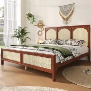 Queen Size Platform Bed Frame with Rattan Headboard and Footboard, Wood Queen Bed Frame with Sturdy Slats, Walnut+Beige