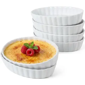 6 Pcs Oval Ceramic Creme Brulee Ramekins 4 OZ 5.2 Inch Oven Safe Baking Dishes for Souffle Dessert Baked Gratins Dishwasher Safe Stackable Prep Bowls for Ingredients Dipping Sauces