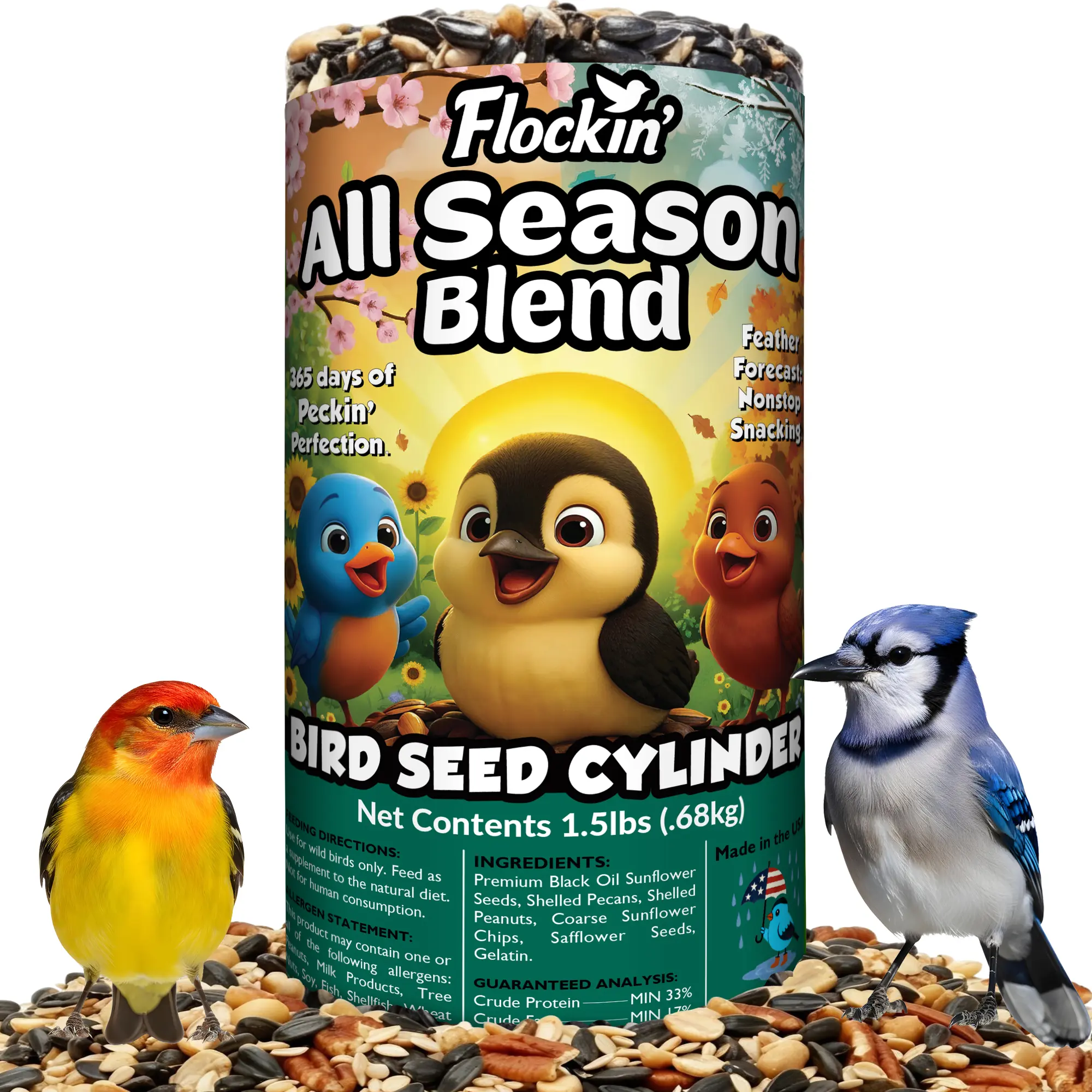 All Year Round Bird Seed Cylinders with Hole – All Season Wild Bird Food for Blue Jays, Cardinals, Doves, Finches & More – Balanced High Energy All Natural Blend, No Fillers – USA Made (6" x 7.75")