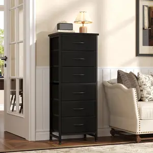 6 Drawer Tall Dresser with Fabric Storage Drawers, Metal Frame Storage Tower with Wood Top and Anti-Tip Design, Vertical Organizer Cabinet for Bedroom, Closet, Nursery, Dorm Room, Apartment and Small Space Storage Solution#Summer Wins#Fathersdaygift