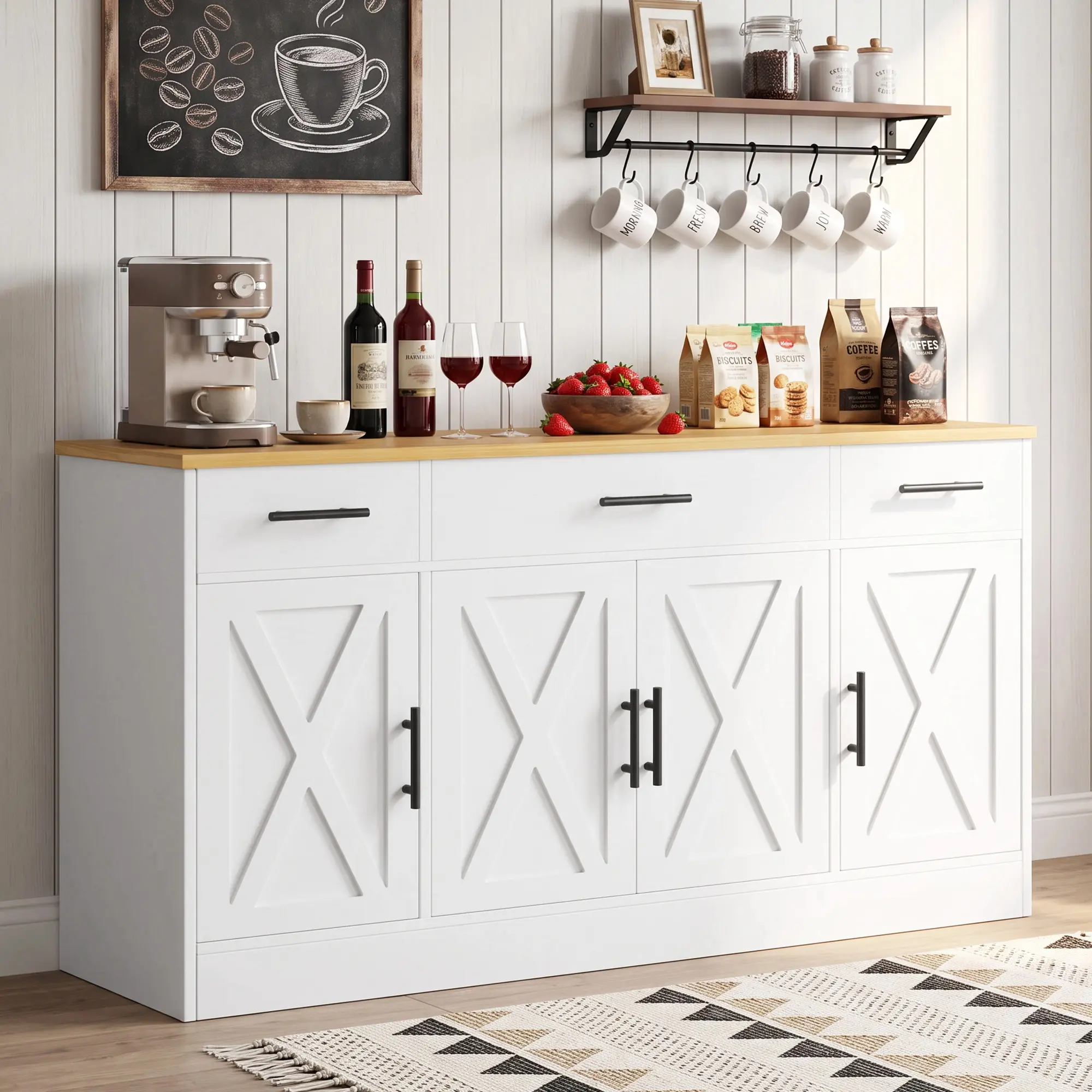 Walsunny Kitchen Buffet Sideboard Cabinet with 4 Doors and 3 Drawers, Entryway Adjustable Storage Shelf, Farmhouse Coffee Bar Cabinet for Kitchen, White Wooden Storage Cabinet