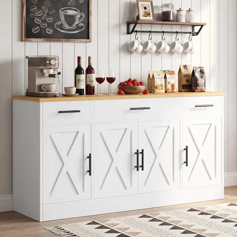 Walsunny Kitchen Buffet Sideboard Cabinet with 4 Doors and 3 Drawers, Entryway Adjustable Storage Shelf, Farmhouse Coffee Bar Cabinet for Kitchen, White Wooden Storage Cabinet