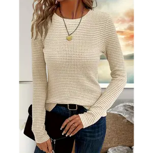 3pcs Women'S Elegant Long Sleeve Waffle Texture T-Shirts-Soft, Breathable, and Comfortable for Fall/Winter, Round Neck, Solid Color,Winter Clothing | Neck Tee Fabric Tops Womenswear Tshirt Chic Crewneck Streetwear Summer Knit Light  Knitwear Knitting